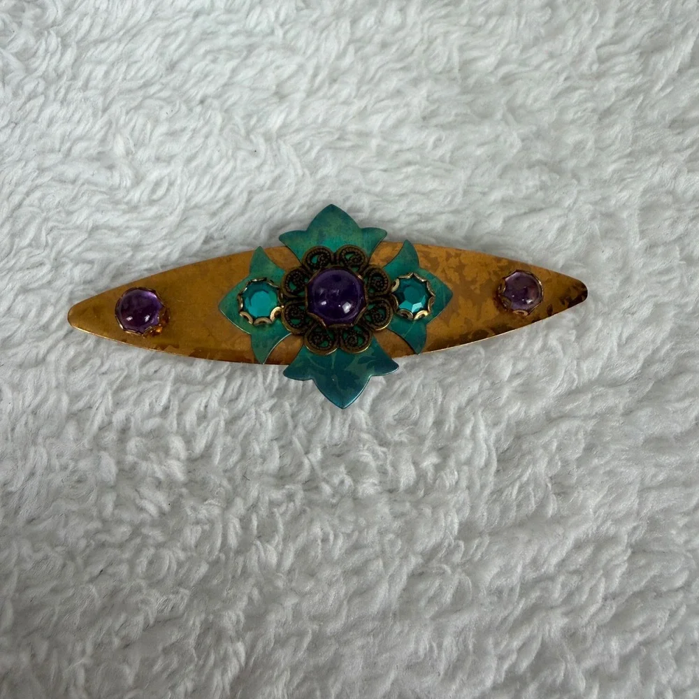 Vintage Copper Verdigris Brooch Purple Teal Crystal‎ Floral Filigree Pin 2.5